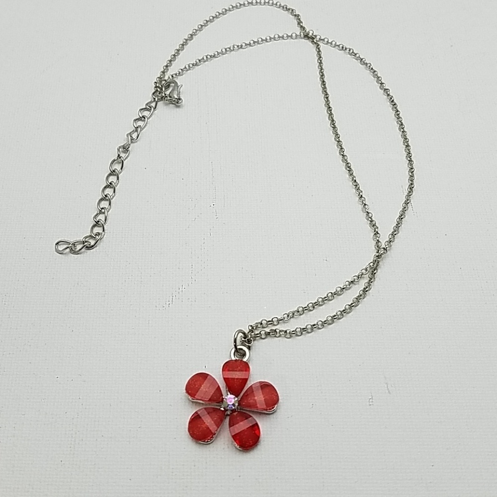 reddish Orange Stone Flower Silver Tone Necklace 18" + 4"